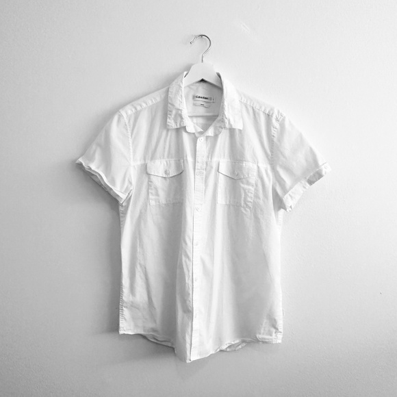 Calvin Klein Men's Oxford Short Sleeve Shirt Slim Fit Button Down White Large - Picture 1 of 2
